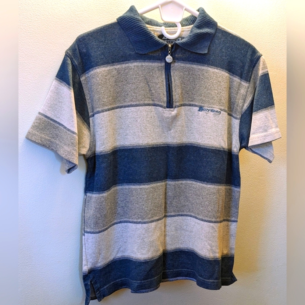 Vintage Billy Dean Men’s Blue Gray Striped 1/4 Zip Polo Shirt. Size Medium